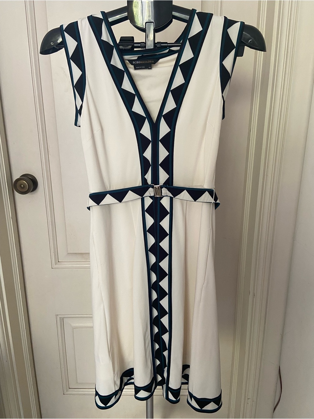 BCBGMaxAzria White Dress with Geometric Trim